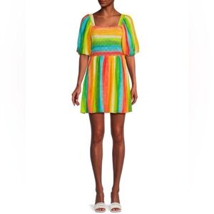 AMUR Rainbow Watercolor Striped Mini Dress NWT Size 4 Smocked Waist Puff Sleeves